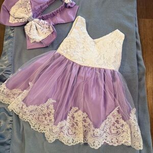 Girls Lavender and Cream Lace Tulle Dress with Matching Bow
